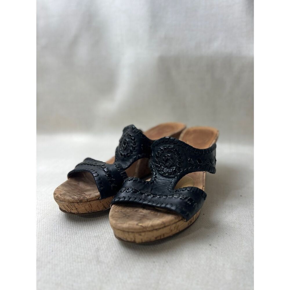 Jack Rogers Black Leather Cork Wedge Slide Sandals Women’s 6.5